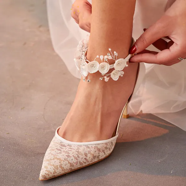 Charming Ivory Pearl Rhinestone Lace Flower Wedding Shoes 2021 Leather 8 cm Stiletto Heels Pointed Toe Wedding High Heels