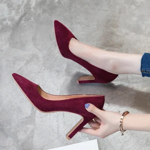Chic Beautiful Burgundy Office Ol Suede Pumps 2021 Leather 7 Cm Thick Heels Pointed Toe High Heels Pumps