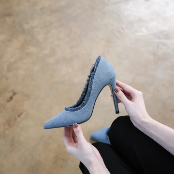 Mode Bleu Vêtement De Rue Toile Escarpins Talons Hauts 2021 10 Cm Talons Aiguilles À Bout Pointu Escarpins