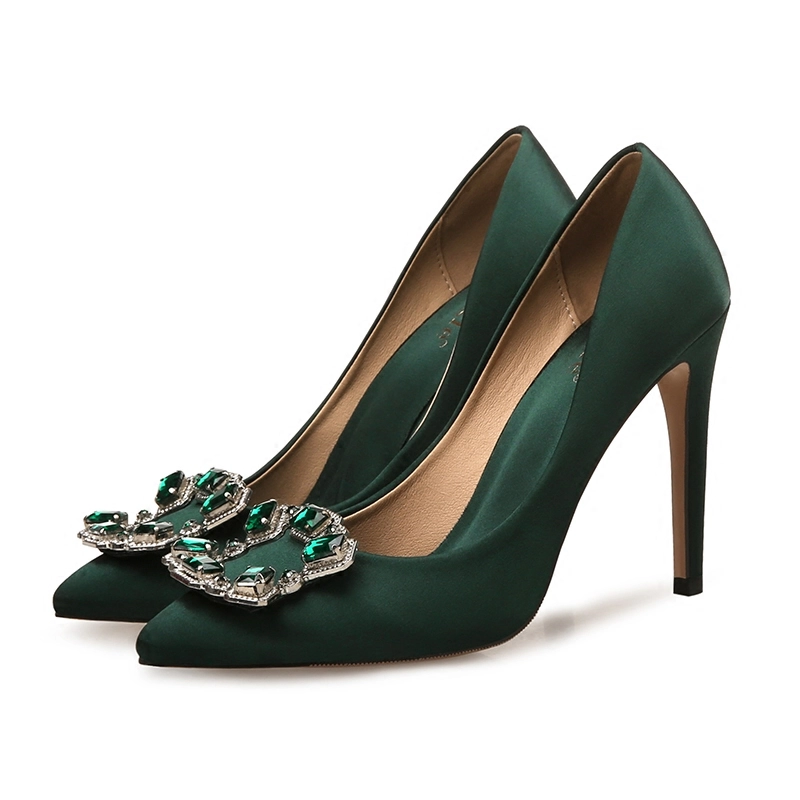 Fashion Dark Green Satin Prom Rhinestone Pumps 2021 10 cm Stiletto Heels High Heels Pointed Toe Pumps