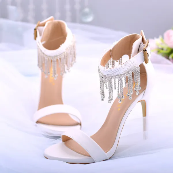 Sexy White Lace Rhinestone Tassel Wedding Shoes 2021 Ankle Strap 11 cm Stiletto Heels Open / Peep Toe Wedding High Heels
