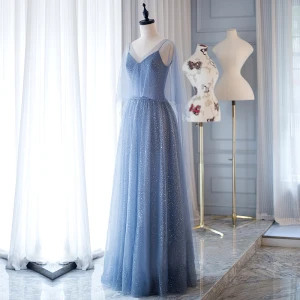 Moderne Mode Océan Bleu Robe De Soirée 2018 Princesse Glitter Bretelles Spaghetti Dos Nu Sans Manches Longue Robe De Ceremonie