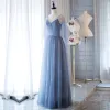 Modern / Fashion Ocean Blue Evening Dresses  2018 A-Line / Princess Glitter Spaghetti Straps Backless Sleeveless Floor-Length / Long Formal Dresses