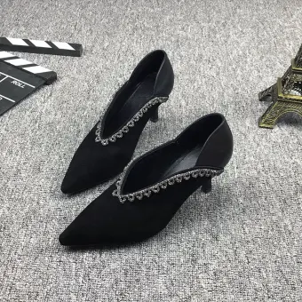 Vintage Retro Black Casual Leather Rhinestone Pumps 2021 7 Cm Stiletto Heels High Heels Pointed Toe Pumps