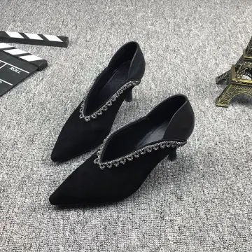 Vintage Schwarz Freizeit Leder Strass Pumps 2021 7 Cm Stilettos Hochhackige Spitzschuh Pumps