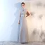 Elegant Chinese style Silver Evening Dresses  2018 A-Line / Princess Appliques Lace Sequins Sash High Neck Backless Sleeveless Floor-Length / Long Formal Dresses