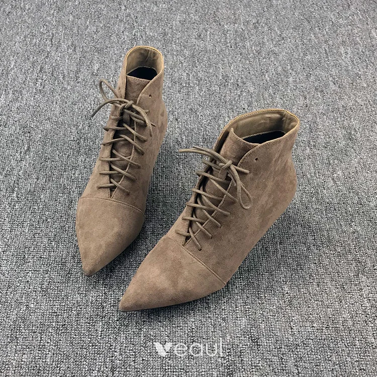 Mode Bruin Straatkleding Leer Suede Dames Laarzen 2021 3 cm Lage Hak  Naaldhakken / Stiletto Hoge Hakken Spitse Neus Laarzen