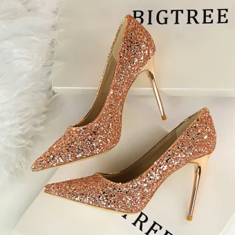Sparkly Champagne Evening Party Sequins Pumps 2021 High Heels 9 Cm Stiletto Heels Pointed Toe Pumps