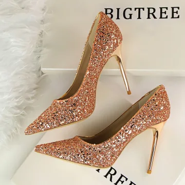 Glittrande Champagne Afton Paljetter Pumps 2021 Högklackade 9 Cm Stilettklackar Spetsiga Pumps