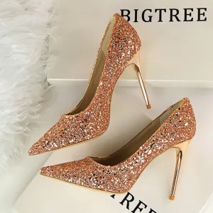 Glitzernden Champagner Abend Pailletten Pumps 2021 Hochhackige 9 Cm Stilettos Spitzschuh Pumps