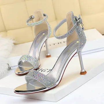 Sexy Silver Evening Party Rhinestone Womens Sandals 2021 Ankle Strap 8 Cm Stiletto Heels Open Peep Toe High Heels Sandals