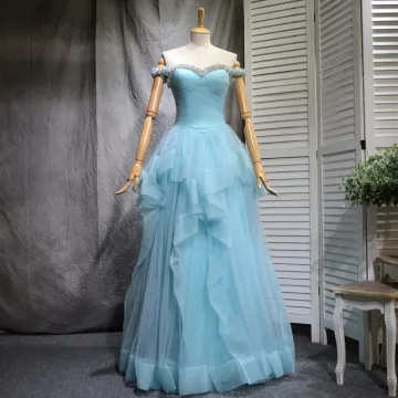 Chic Beautiful Sky Blue Prom Dresses 2018 A Line Princess Rhinestone Sequins Cascading Ruffles Off The Shoulder Backless Sleeveless Floor Length Long Formal Dresses