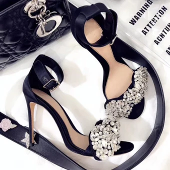 Sexy Black Evening Party Rhinestone Womens Sandals 2021 10 Cm Stiletto Heels Ankle Strap Open Peep Toe High Heels Sandals