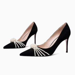 Elegant Black Evening Party Pearl Pumps 2021 Leather 10 Cm Stiletto Heels Pointed Toe High Heels Pumps