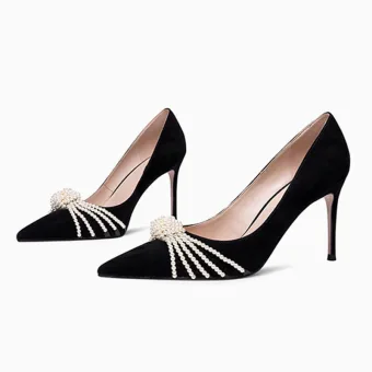 Élégant Noire Soirée Perle Escarpins 2021 Cuir 10 Cm Talons Aiguilles À Bout Pointu Talons Hauts Escarpins