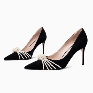 Eleganta Svarta Afton Pärla Pumps 2021 Läder 10 Cm Stilettklackar Spetsiga Högklackade Pumps
