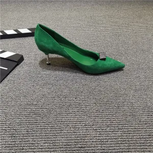 Modest Simple Green Casual Rhinestone Suede Pumps 2021 5 Cm Stiletto Heels Pointed Toe High Heels Pumps