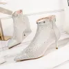 Fashion Charming Gold Evening Party Rhinestone Womens Boots 2021 Rivet Ankle Strap 6 cm Stiletto Heels High Heels Pointed Toe Ankle Boots