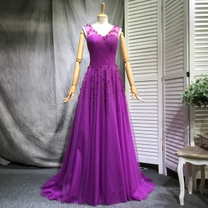 Chic Belle Violet Robe De Soirée 2018 Princesse Perlage Perle Paillettes Appliques V Cou Sans Manches Tribunal Train Robe De Ceremonie
