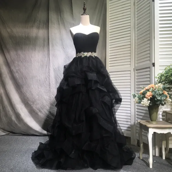 Elegant Black Prom Dresses 2018 A-Line / Princess Beading Crystal Sequins Cascading Ruffles Off-The-Shoulder Backless Sleeveless Sweep Train Formal Dresses