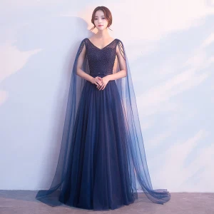 Chic Belle Bleu Marine Robe De Soirée 2018 Princesse Perle Noeud V Cou Dos Nu Sans Manches Watteau Train Longue Robe De Ceremonie