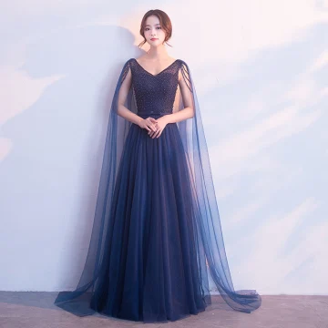 Chic Belle Bleu Marine Robe De Soirée 2018 Princesse Perle Noeud V Cou Dos Nu Sans Manches Watteau Train Longue Robe De Ceremonie