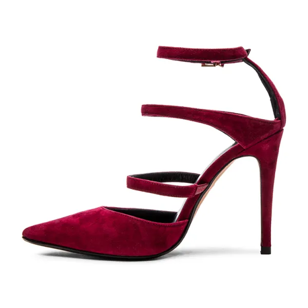Sexy Burgundy Street Wear Suede Womens Sandals 2021 Ankle Strap 10 cm Stiletto Heels Pointed Toe Sandals High Heels