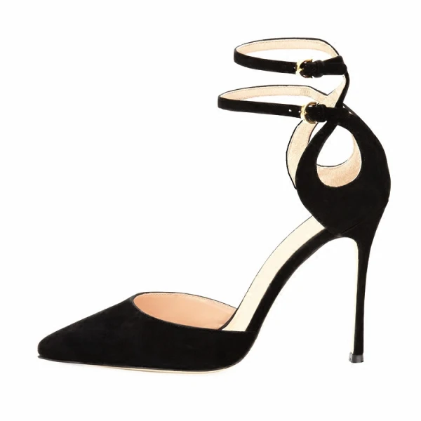 Chic / Belle Noire Cocktail Daim Sandales Femme 2021 Bride Cheville 10 cm Talons Aiguilles À Bout Pointu Sandales Talons Hauts