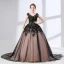Chic / Beautiful Black Prom Dresses 2018 Ball Gown Appliques Lace V-Neck Sleeveless Chapel Train Formal Dresses