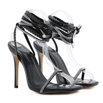 Roman Sexy Black Cocktail Party Braid Rhinestone Ankle Strap Womens Sandals 2021 12 Cm Stiletto Heels Open Peep Toe Sandals High Heels