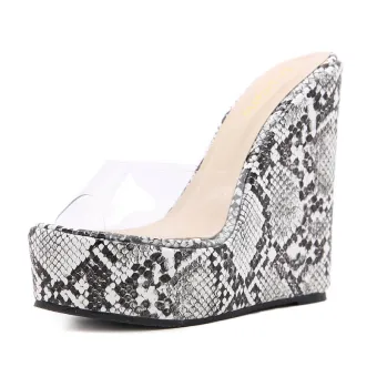 Sexy Transparent White Casual Snakeskin Print Womens Sandals 2021 16 Cm Super Wedges Platform Open Peep Toe Sandals
