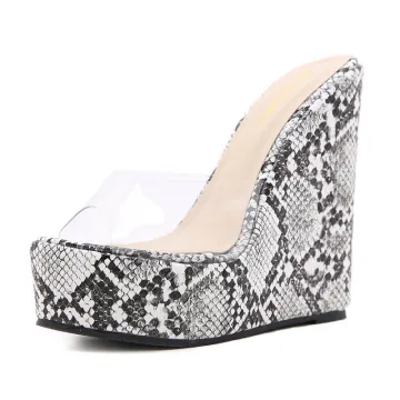 Sexy Transparent White Casual Snakeskin Print Womens Sandals 2021 16 Cm Super Wedges Platform Open Peep Toe Sandals