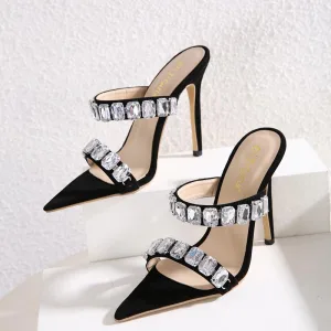 Sexy Noire Cocktail Faux Diamant Sandales Femme 2021 12 Cm Talons Aiguilles Peep Toes Bout Ouvert Talons Hauts Sandales