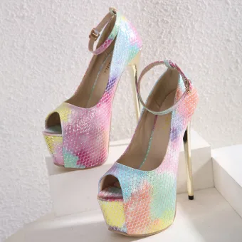 Fashion Multi Colors Snakeskin Print Rave Club Womens Sandals 2021 Ankle Strap 16 Cm Super Stiletto Heels Open Peep Toe Sandals High Heels