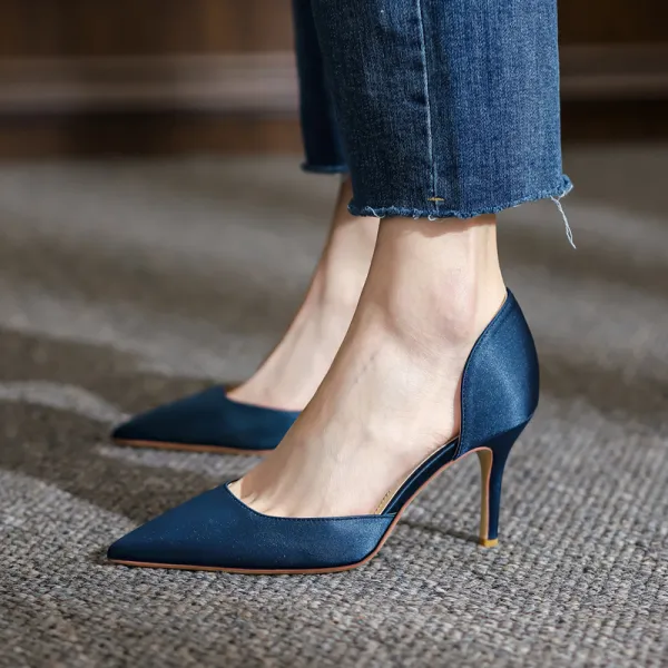 Chic / Beautiful Navy Blue Office OL Leather Open Side Womens Shoes 2021 8 cm Stiletto Heels Pointed Toe High Heels