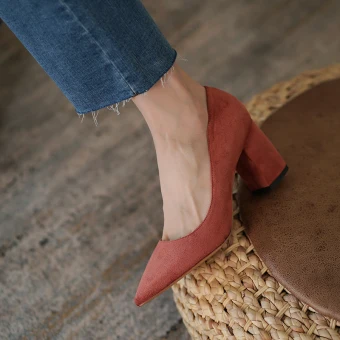 Chic Belle Bureau Ol Cuir Daim Escarpins 2021 6 Cm Talons Épais À Bout Pointu Escarpins Talons Hauts