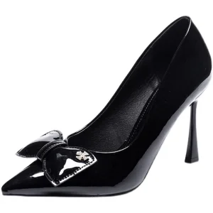 Chic Belle Noire Promo Cuir Verni Noeud Escarpins 2021 9 Cm Talons Aiguilles À Bout Pointu Escarpins Talons Hauts