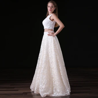 Chic Beautiful Ivory 2 Piece Wedding Dresses 2018 A Line Princess Lace Pearl Scoop Neck Backless Sleeveless Floor Length Long Wedding