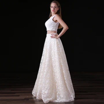 Chic Belle Ivoire 2 Pièces Robe De Mariée 2018 Princesse En Dentelle Perle Encolure Dégagée Dos Nu Sans Manches Longue Mariage