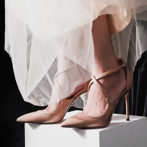 Sexy Champagne Cocktail Party Womens Sandals Leather 2021 X Strap 8 Cm Stiletto Heels Pointed Toe Sandals High Heels