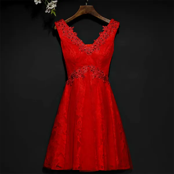 Chic / Beautiful Red Formal Dresses Evening Dresses  2017 Lace Flower Sequins V-Neck Short Sleeveless A-Line / Princess