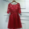 Chic / Beautiful Red Formal Dresses Evening Dresses  2017 Lace Flower Strappy Scoop Neck 1/2 Sleeves Short A-Line / Princess