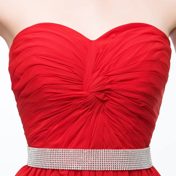 Enkel Rød Chiffon Selskapskjoler 2018 Empire Kjæreste Uten Ermer Rhinestone Sash Lange Buste Ryggløse Formelle Kjoler