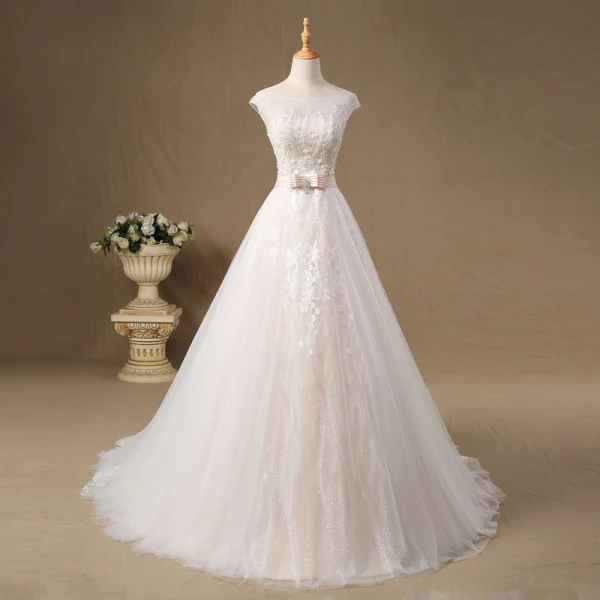 Elegant Handmade Champagne Wedding Dresses 2017 A-Line / Princess Scoop Neck Sleeveless Appliques Flower Lace Backless Beading Rhinestone Court Train