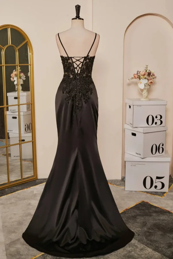 Sexy Black Satin Lace Split Front Prom Dresses 2024 Crossed Straps Sleeveless Spaghetti Straps Trumpet / Mermaid Floor-Length / Long Formal Dresses