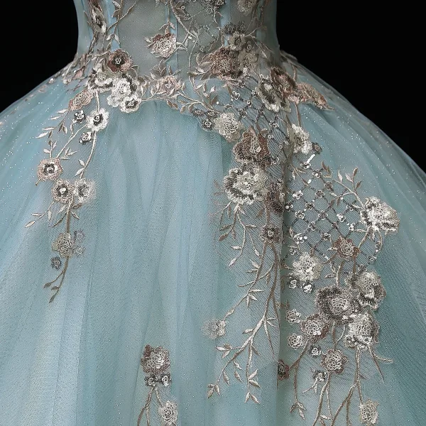 Elegant Mint Green Lace Flower Sequins Formal Dresses 2022 Ball Gown Off-The-Shoulder Sleeveless Backless Floor-Length / Long Prom Dresses