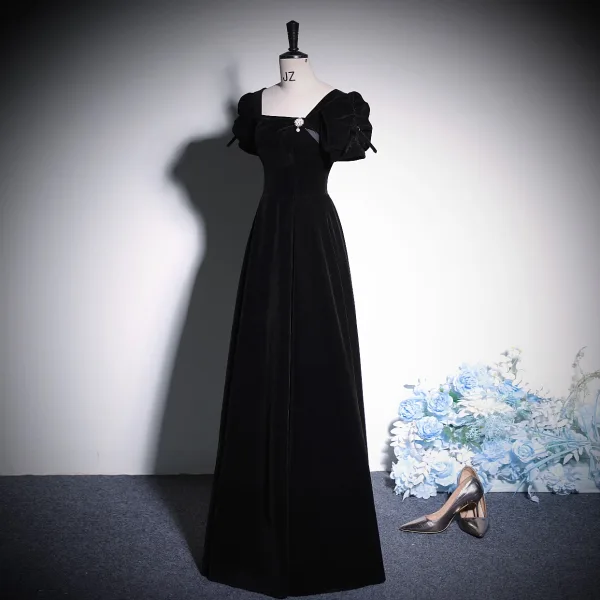 Elegant Black Solid Color Velvet Prom Dresses 2023 A-Line / Princess Square Neckline Short Sleeve Backless Floor-Length / Long Prom Formal Dresses
