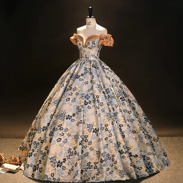 Vintage / Retro Beige Printing Prom Dresses 2023 Ball Gown Off-The-Shoulder Short Sleeve Backless Floor-Length / Long Prom Formal Dresses