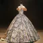 Vintage / Retro Beige Printing Prom Dresses 2023 Ball Gown Off-The-Shoulder Short Sleeve Backless Floor-Length / Long Prom Formal Dresses