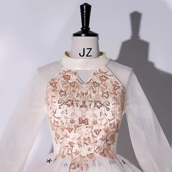 Élégant Champagne Robe De Bal 2022 Robe Boule Encolure Dégagée Étoile En Dentelle Perlage Perle Paillettes Manches Longues Longue Robe De Ceremonie